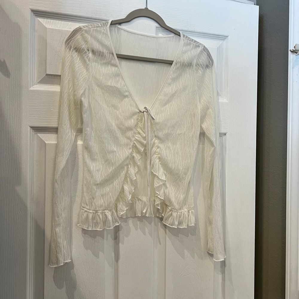 Unbranded Cardigan White Synthetic Textured Sheer Mesh Romantic Ethereal